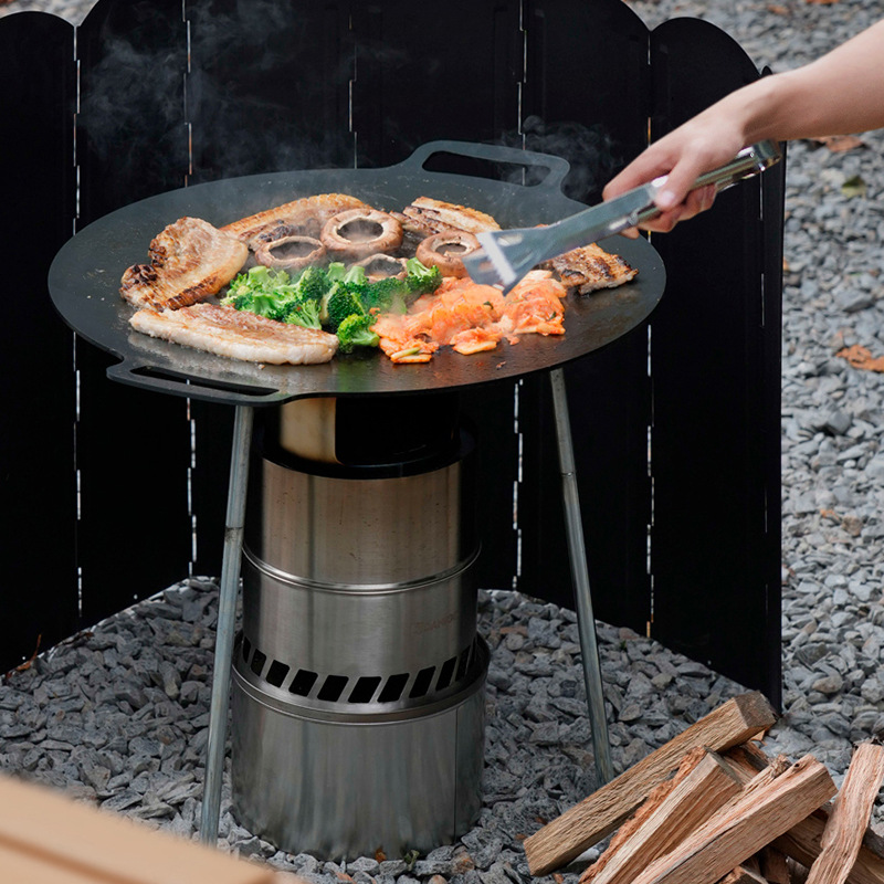 Outdoor Camping Stainless Steel Barbecue Plate Portable Barbecue Plate Barbecue Plate Bracket Liftable Tripod Wooden Handle Frying Plate