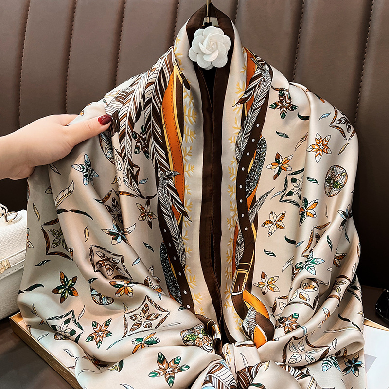 Silk Scarf Women's Spring and Autumn New Arrival Brocade Satin Large Long Scarf Korean Fashion Printed Scarf Air Conditioning Shawl Outer Beach Towel