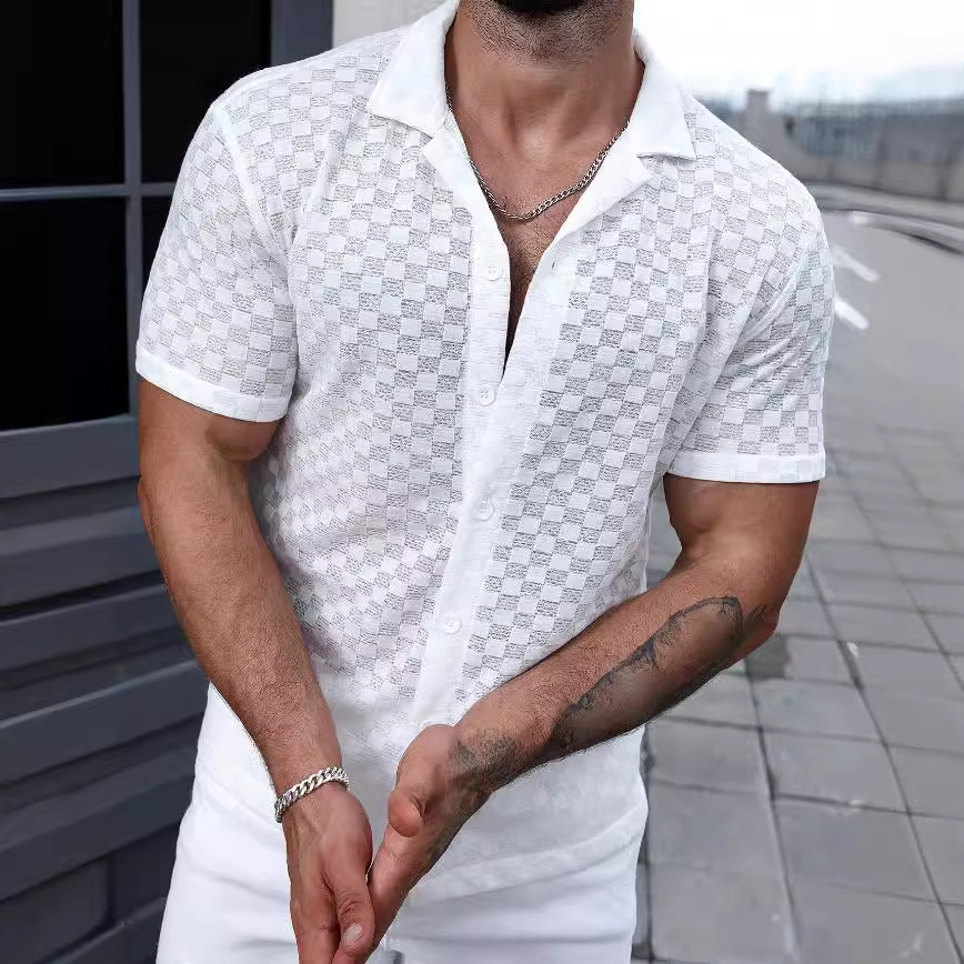2024 Fashion Men's Solid Color Lace Hollow Comfortable Casual Shirt