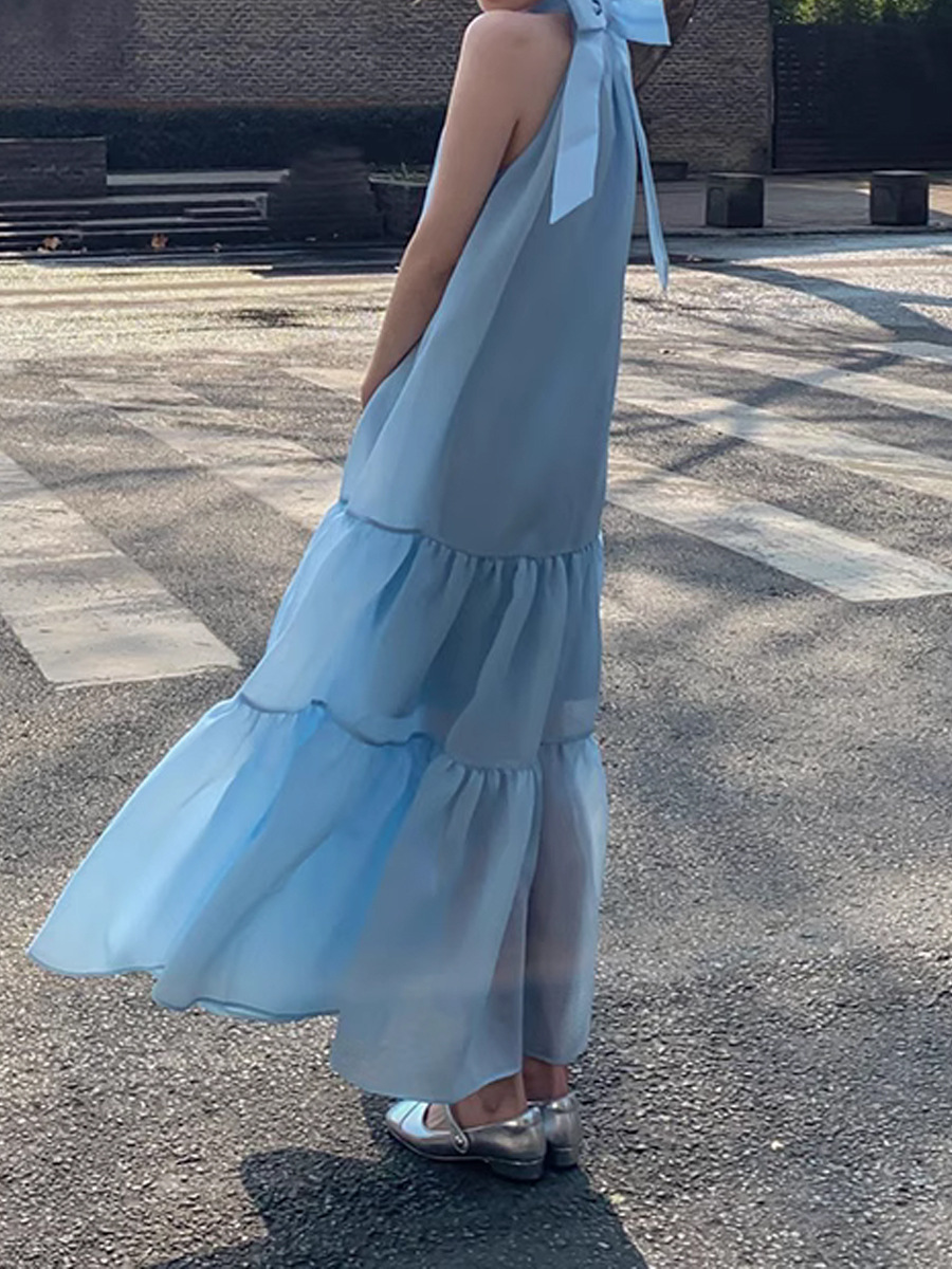 Star White Deer Same Style Blue Bow Neck Sling Dress French Romantic Long Dress Seaside Holiday Dress