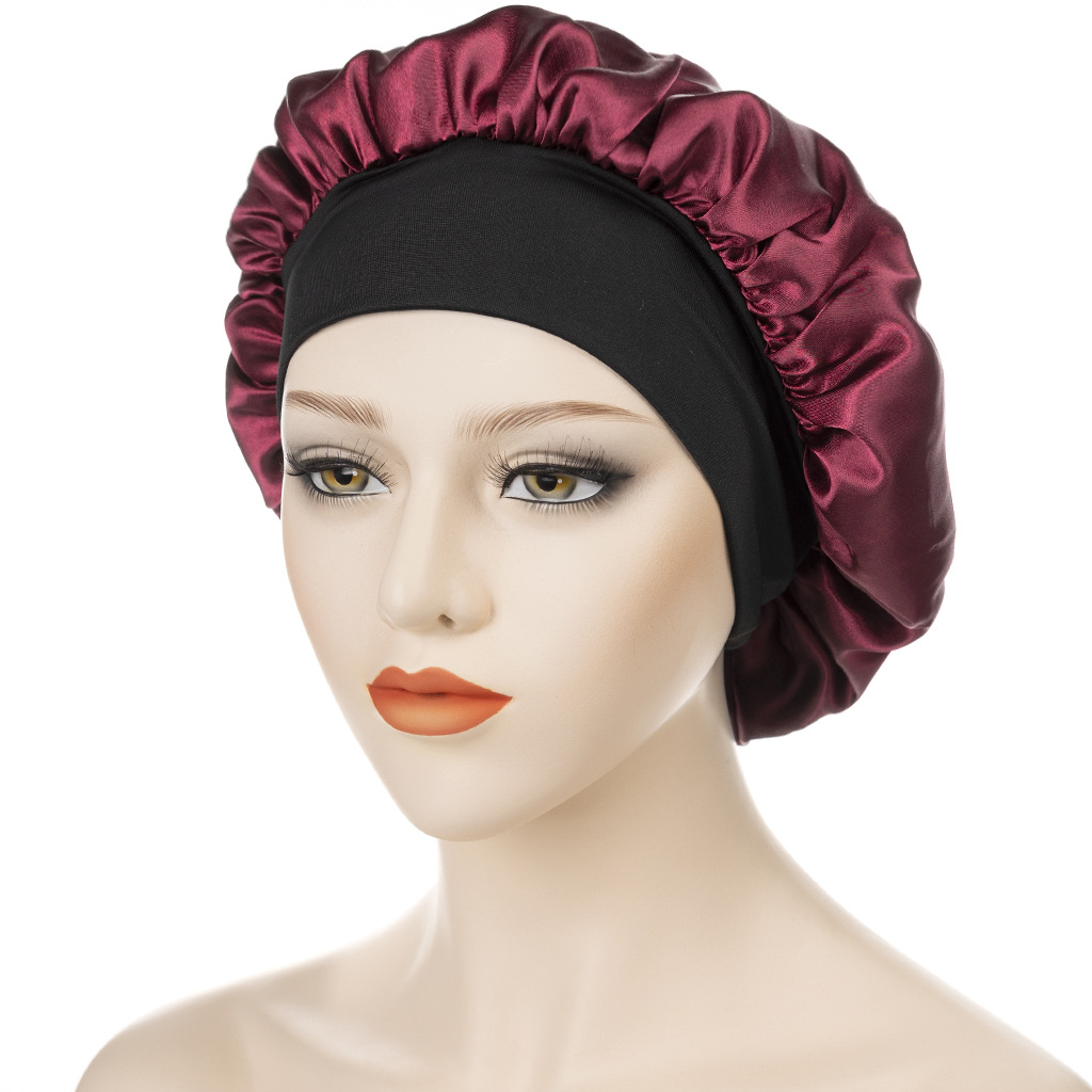 亚马逊跨境新款双色宽边弹力色丁睡帽成人女士美容化疗帽 Bonnet