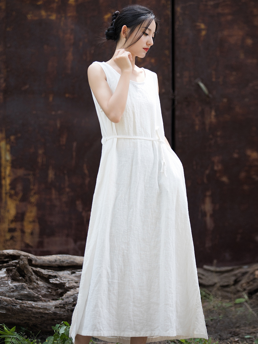 2024 Spring and Summer Cotton Linen Women's Clothing New Ramie Sleeveless Lace-up Dress Home Travel Long Dress Literary Style Dress
