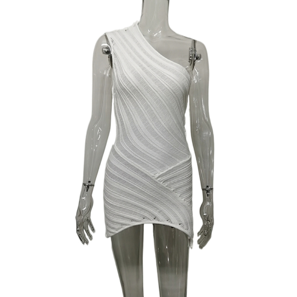 2023 Summer cross-border explosion design sense stitching oblique shoulder hollow perspective solid color sexy knitted dress women's clothing