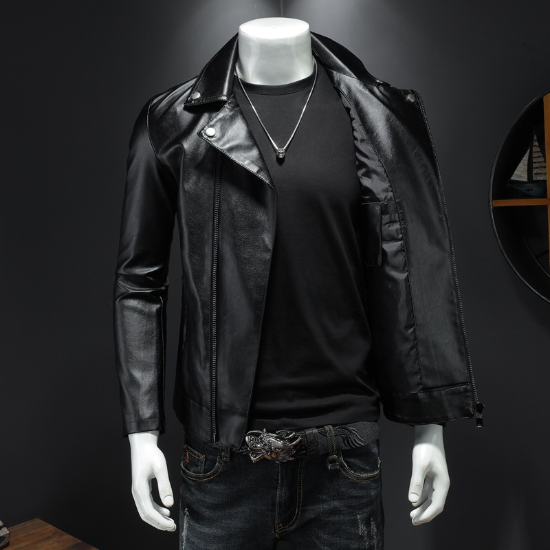 Leather Men's Fashionable Korean Style Handsome Imitation Jacket Vertical Collar Slant Zipper Slim-fit Riding Clothes Motorcycle Jacket Spring and Autumn