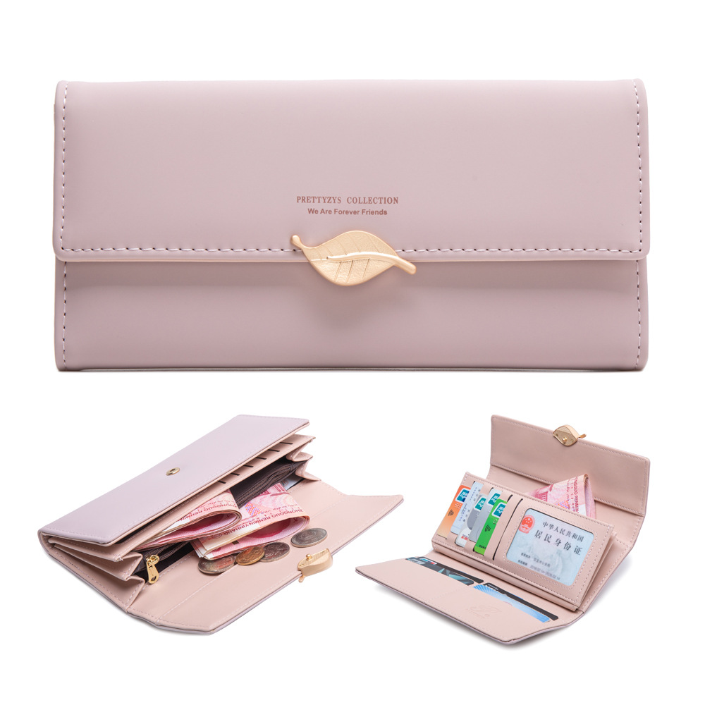 Cross-border foreign trade wallet women's long Japanese and Korean PU leather small fresh leaf buckle simple all-match women's clutch card holder