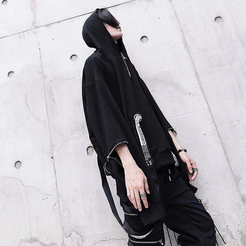 Spring Fashion Dark Black Ribbon Zipper Decoration Men's Hooded Sweatshirt Harajuku Style Loose Jacket