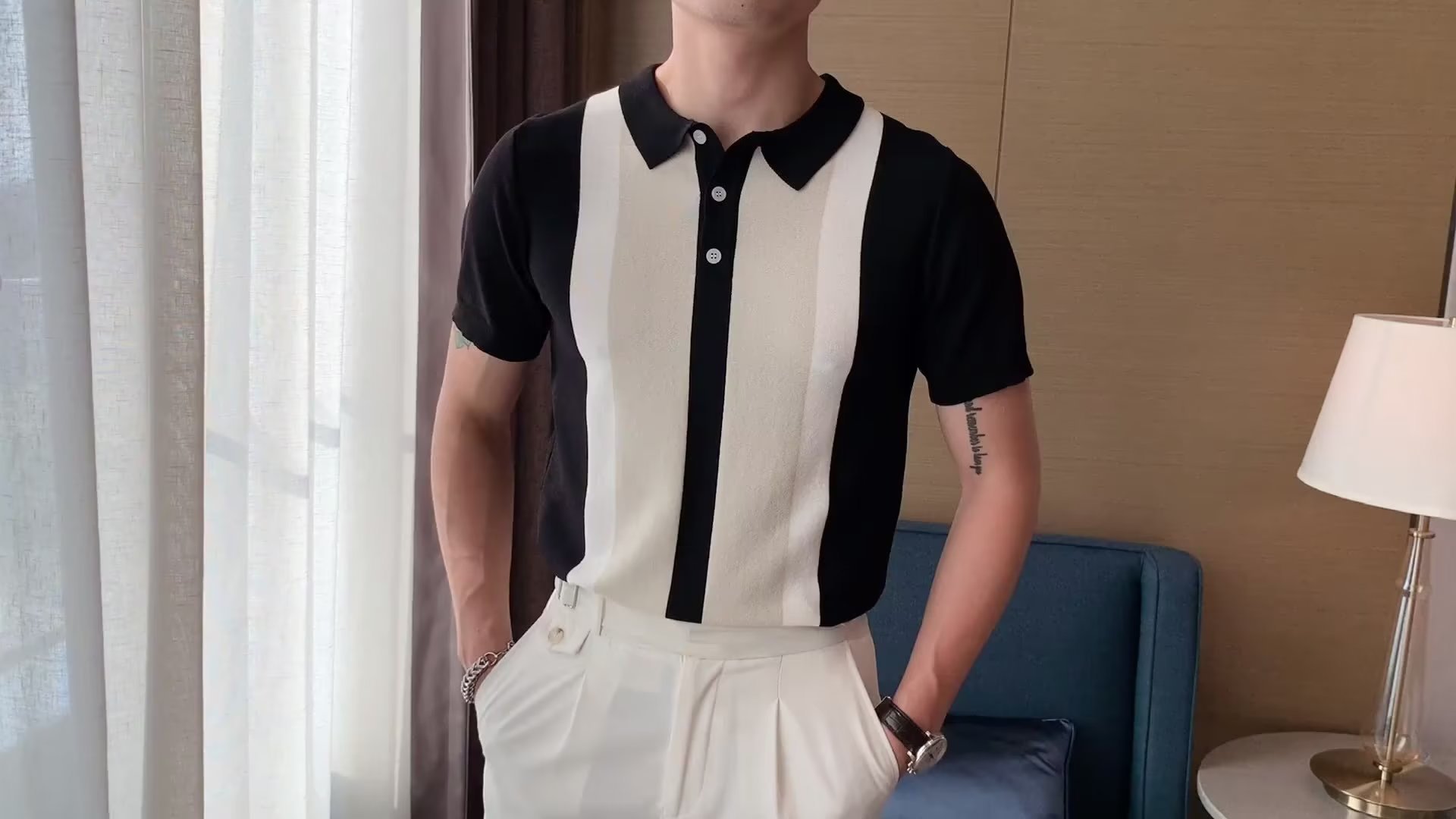 Summer striped short sleeve polo shirt men's Korean-style trendy casual half sleeve T-shirt Black