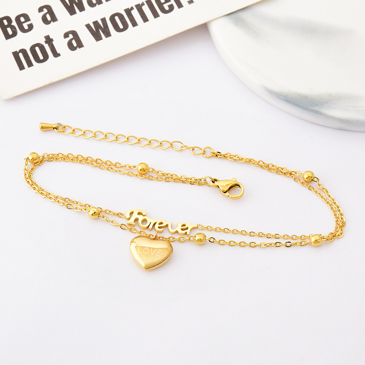 Women's Korean-style elegant double-layer letter anklet heart-shaped pendant beach anklet with water and color retention titanium steel gold anklet