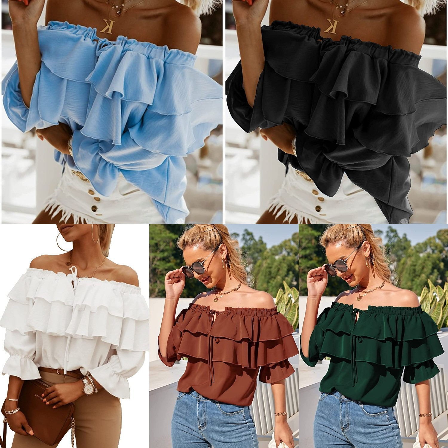 2024 Summer European and American Amazon AliExpress One-line Off-Shoulder Pleated Long-Sleeved Shirt Casual Layered Women's Top