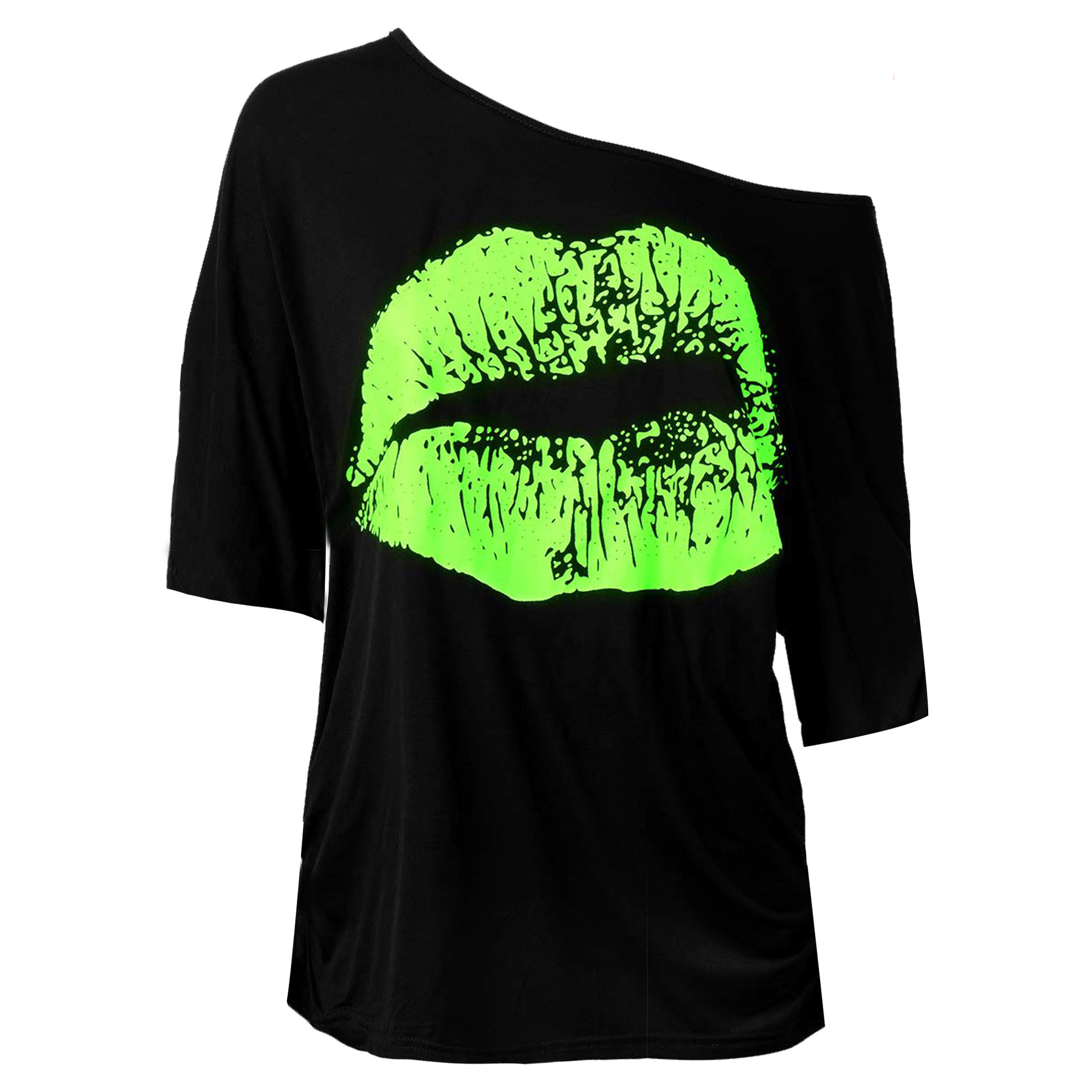 Amazon European and American Spring and Autumn Women's Cross-border Nostalgia Big Lips Printing 80 s Clothing Women's Slant Shoulder Mid-sleeve T-shirt