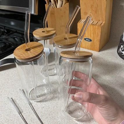 4 Pack Amazon Coke Cup 500ml with Bamboo Lid Straw Drinking Cup Ice Coffee Cup Glass 16 oz