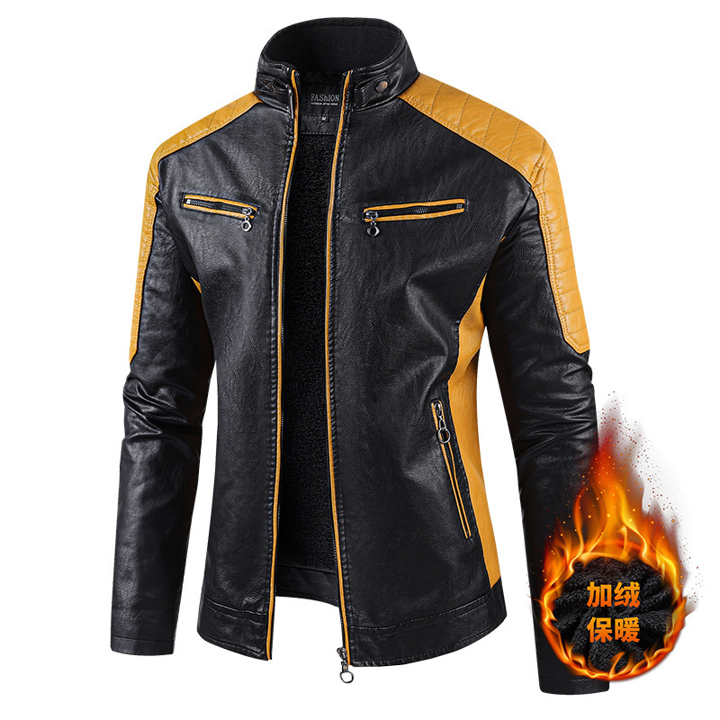 European Size Autumn and Winter New Casual Leather Men's Jacket Korean Style Slim-fit Fashionable Fleece-lined Youth PU Leather Jacket Men's Wear