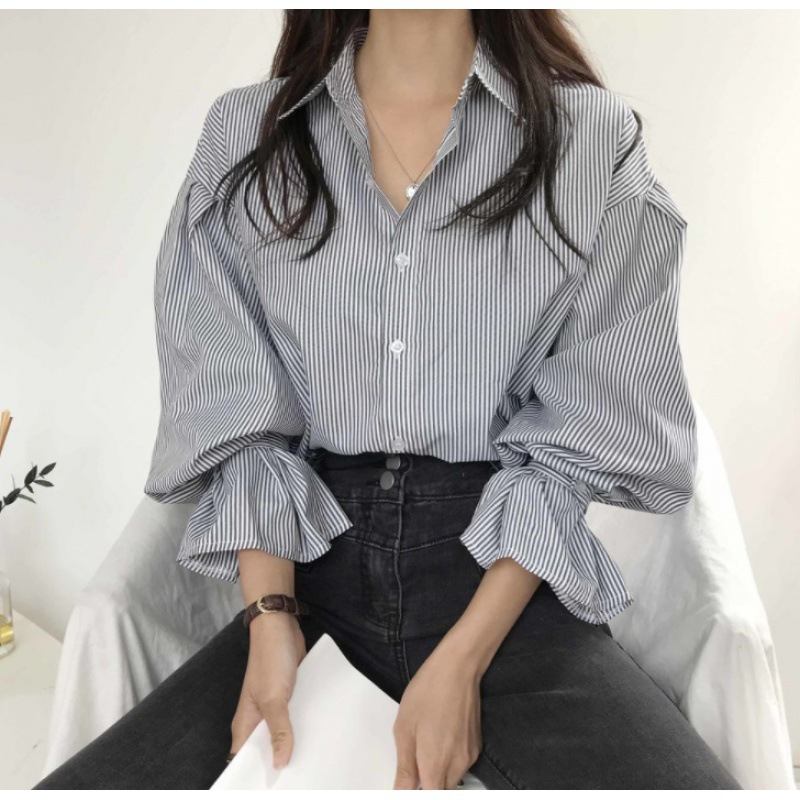 South Korea striped shirt Women's lantern long sleeve early spring autumn chic top design sense niche retro temperament