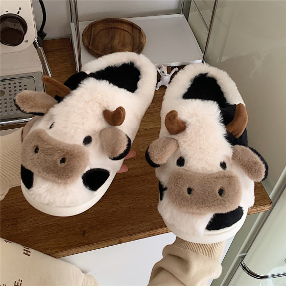Fashion Home Warm Plush Shoes Female Winter Student Dormitory Cute Cow Non-slip Cotton Slippers D003btdbn