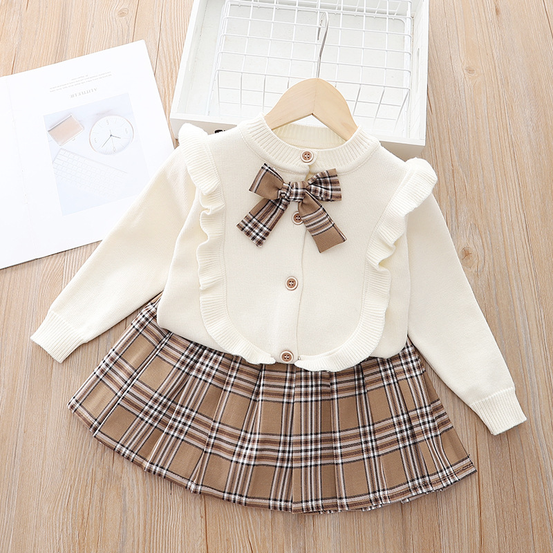 Foreign Trade Girls' Suit 2023 New Children's Spring Western Style Fragrant Style Knitted Plaid Pleated Skirt Two-piece Set Korean