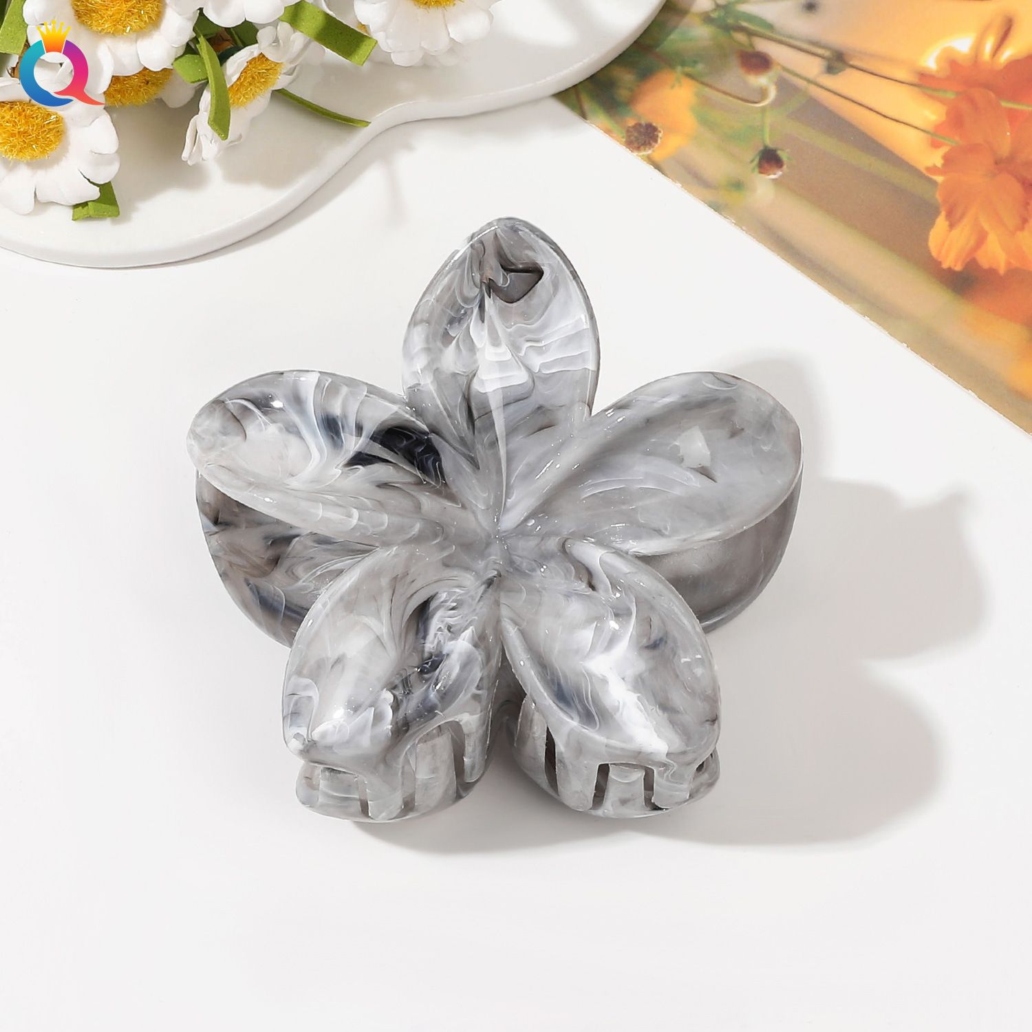 Qiyue cross-border marble pattern flower catch clip large egg flower hair clip plate hair shark clip hair catch hair accessories wholesale_voghion.com