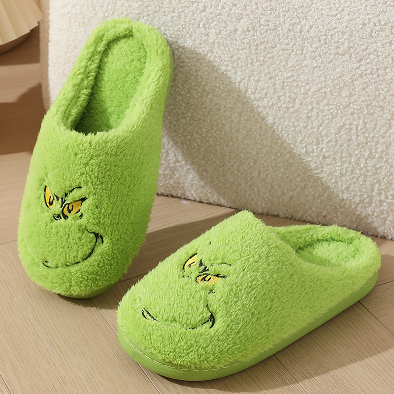 New cute home Christmas Greenwich warm winter cotton slippers couple men and women thick bottom soft sole shoes thick non-slip