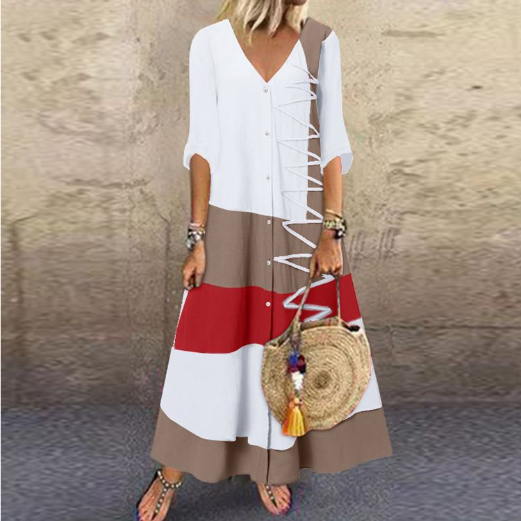 European and American Summer New Amazon Independent Station wishV Collar Short Sleeve Printed Long Dress with Buttons Casual Dress