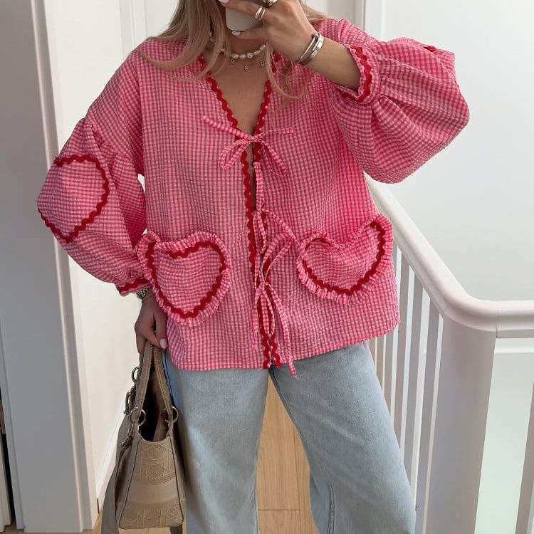 European and American Cross-border Explosions 2024 New Plaid V-neck Shirt Love Pocket Lace-up Long Sleeve Loose Top