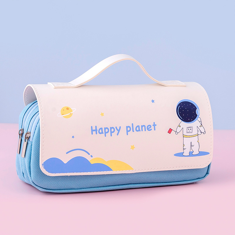 New Children's Cartoon Portable Pencil Case Creative Astronaut Space Theme Pencil Case Large Capacity Double Layer Stationery Box