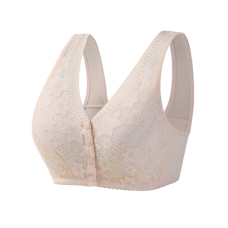 New Front Buckle Middle-aged and Elderly Underwear Women's Lace No Steel Ring Wide Shoulder Strap Vest Large Size Bra