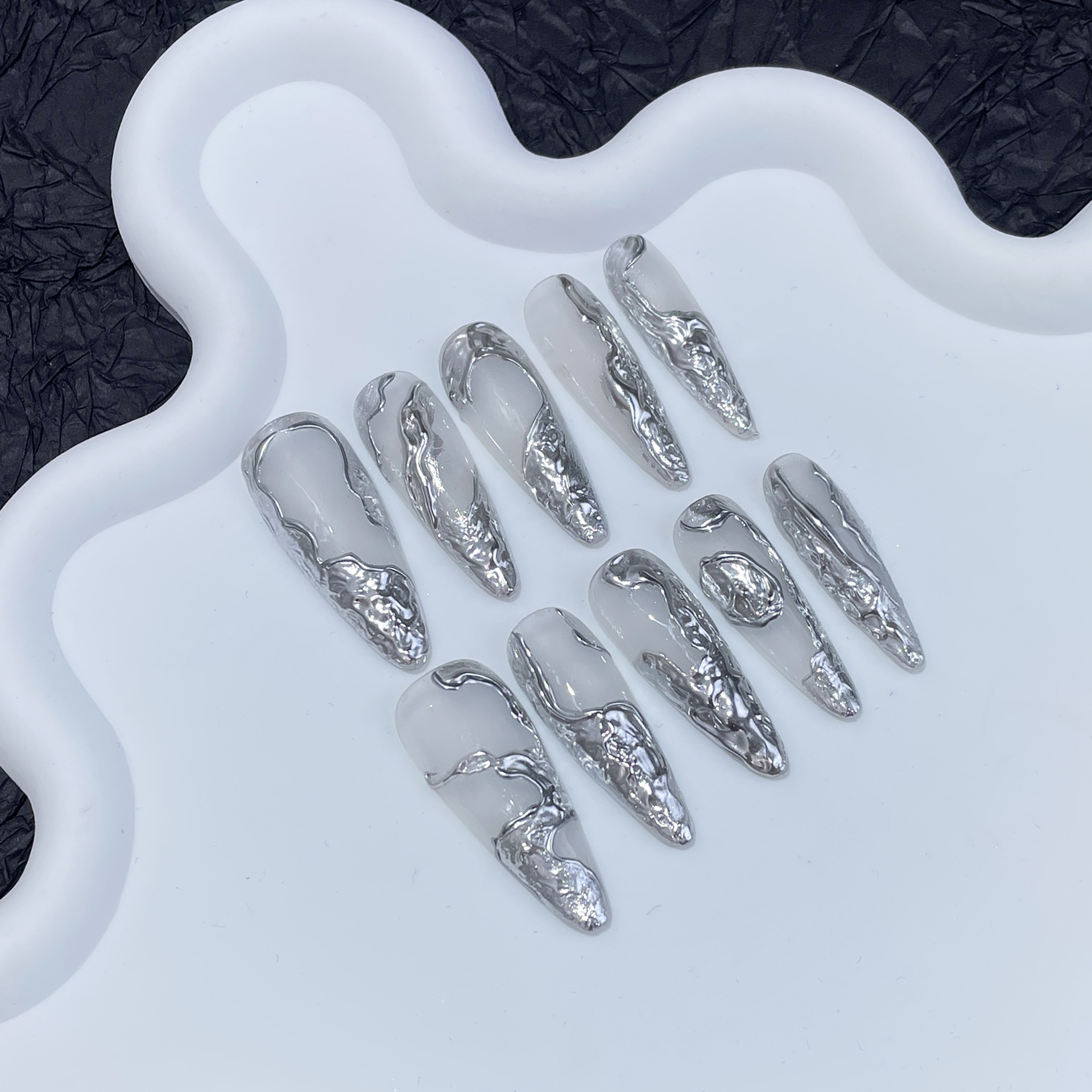 Irregular Three-Dimensional Metal Hot Girl Hand-Wear Armor Advanced Cold Tone Silver Magic Mirror Powder Finished Nail Art Patch