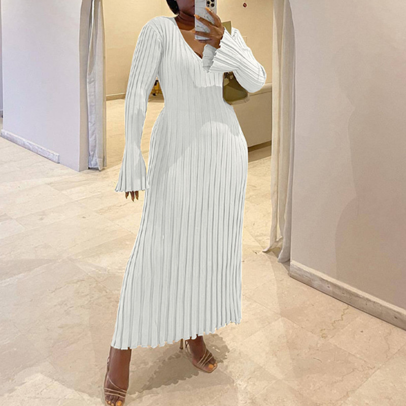2024 Cross-border Autumn and Winter New Knitted dress Casual Waist V-Neck Big Pit Slim Knitted Dress Women
