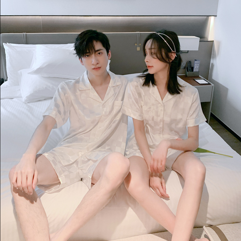 Spring and Summer Square Couple Pajamas Women's Ice Silk Short-sleeved Shorts Summer Silk Men's suit Spring and Autumn Home Clothes