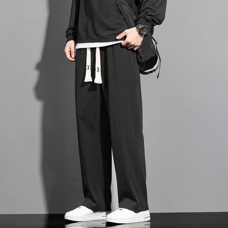 Summer Ice Silk Thin Pants Men's Trendy Brand Casual Wide Leg Straight Pants Dosing Large Size Solid Color Trendy Sports Pants