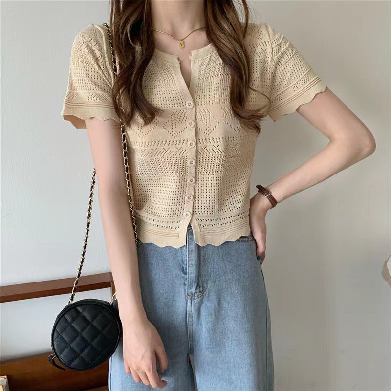 Summer New Arrival Hollow-Out Knitwear Short Short-Sleeved Sweet Cute V-Neck Small Cardigan Slim-Fit Slimming Top Women's Trendy