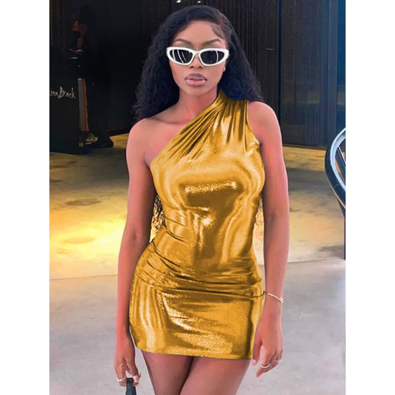 European and American style women's clothing hot 2023 spring foreign trade New Sexy Slim solid color slant shoulder sleeveless hip dress