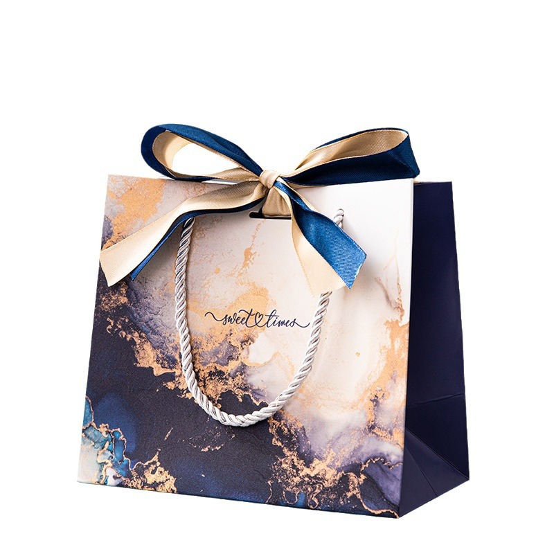 In stock sapphire blue marbling high-grade gift bag ribbon handbag cross-border color printing packaging bag foreign trade paper bag