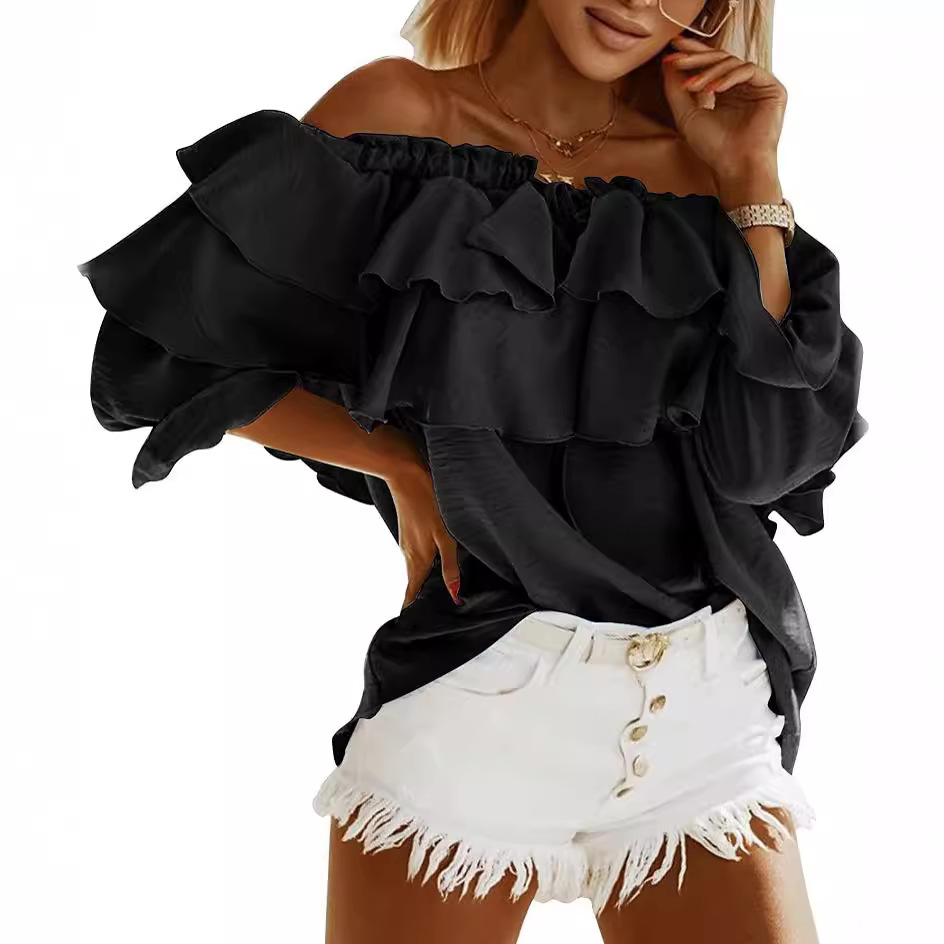 2024 Summer European and American Amazon AliExpress One-line Off-Shoulder Pleated Long-Sleeved Shirt Casual Layered Women's Top