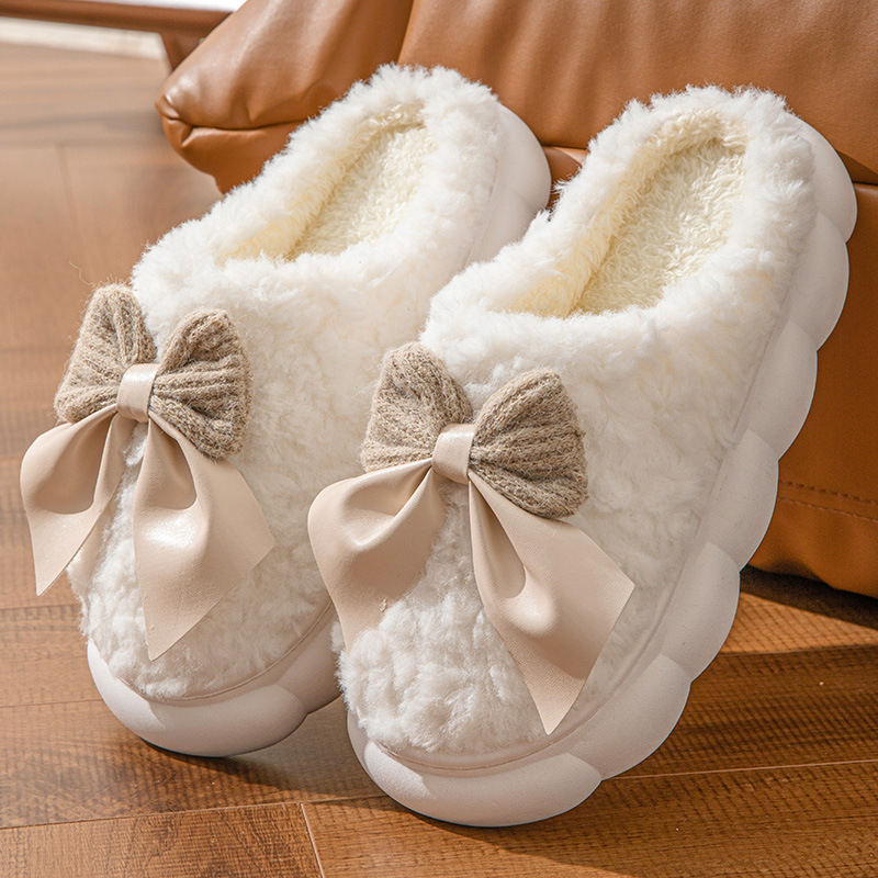 Women's Cotton Slippers Women's Outer Wear Bow Slippers Autumn and Winter Warm Women's Thick Bottom Non-Slip Home Plush Slippers