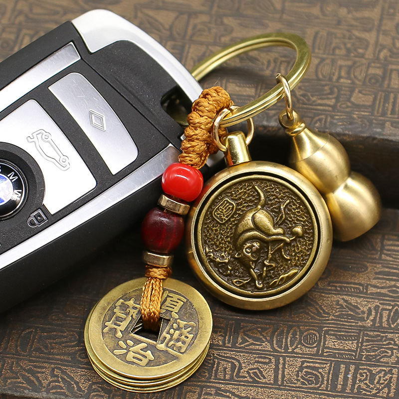 Brass Zodiac Turn Keychain Pendant Five Emperors Money Single-sided Rotation Eight Patron Saint Car Pendant
