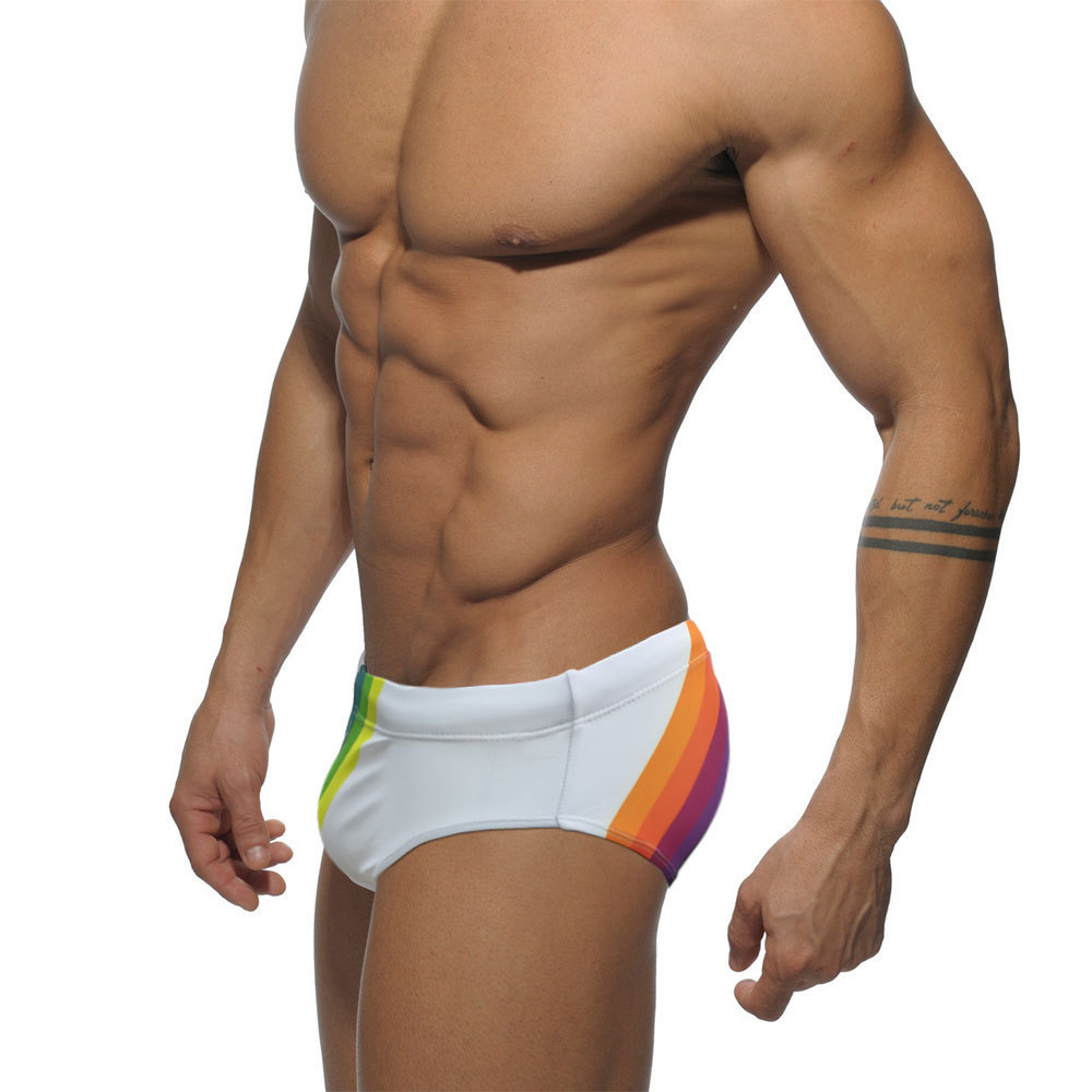 Spot AliExpress swimming trunks rainbow print low waist men's triangle swimming trunks Cup Anti-embarrassment tether beach pants