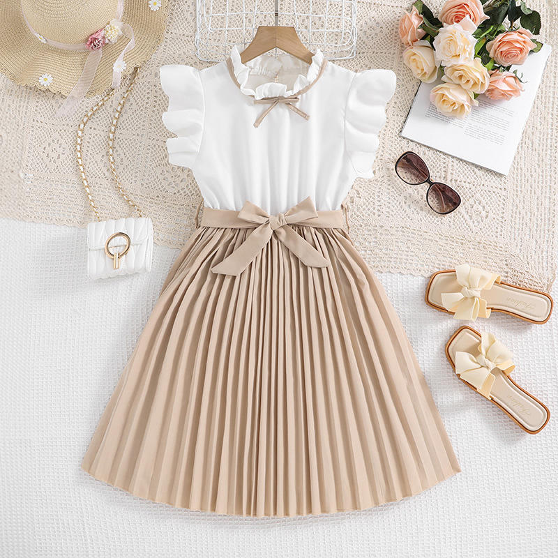 Girls dress European and American children's clothing 2025 summer new style flying sleeve color matching pleated children's princess skirt wholesale