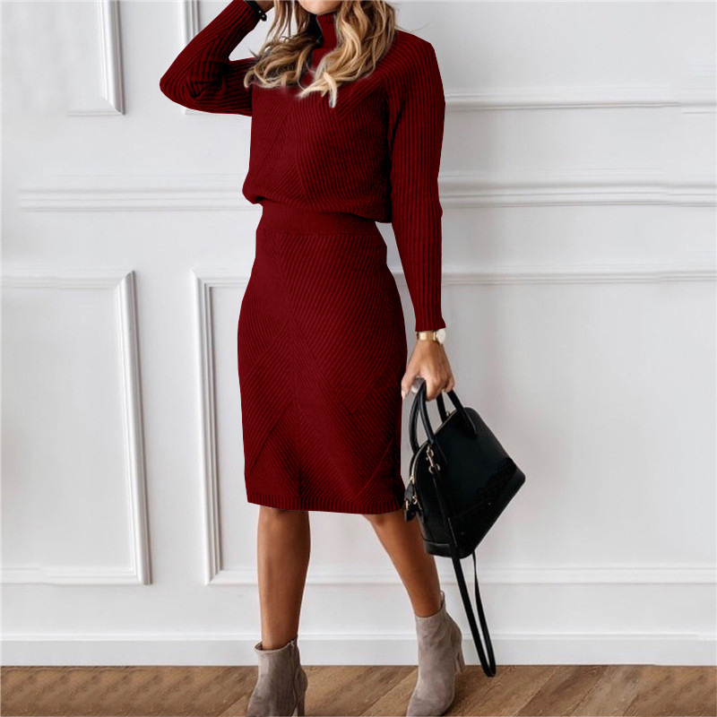 2024 Amazon wish autumn and winter new women's European and American turtleneck knitted solid color pullover sweater dress