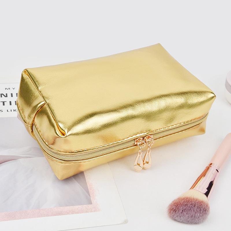 Golden Shiny Full PU Texket Handheld Cosmetic Bag High Value Light Luxury Simple Portable Storage and Tidy Cosmetic Bag