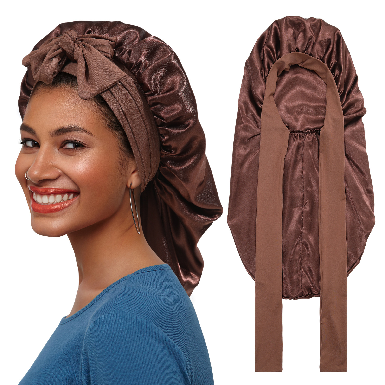 Women's solid color satin long nightcap beauty makeup cap headscarf cap elastic bandage elastic nightcap wide-brimmed shower cap