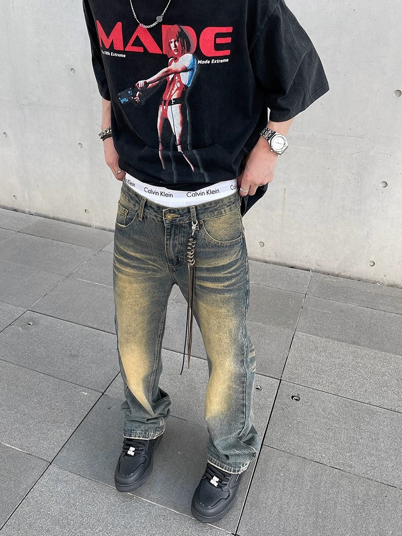 American-style high-street vibe distressed yellow mud-dyed washed jeans men's trendy ins straight micro-cleanfit pants