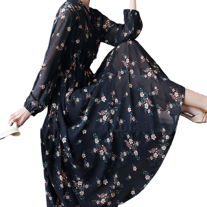 Korean Chiffon Dress Spring and Autumn 2023 New Women's Tight Waist Slimming Elegant Long Sleeve Floral Pleated Dress