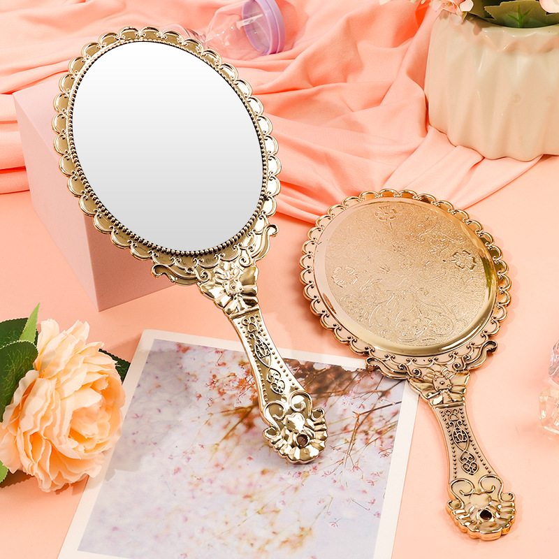 New retro pattern mirror large electroplated rose gold HD handheld cosmetic mirror portable portable lace mirror