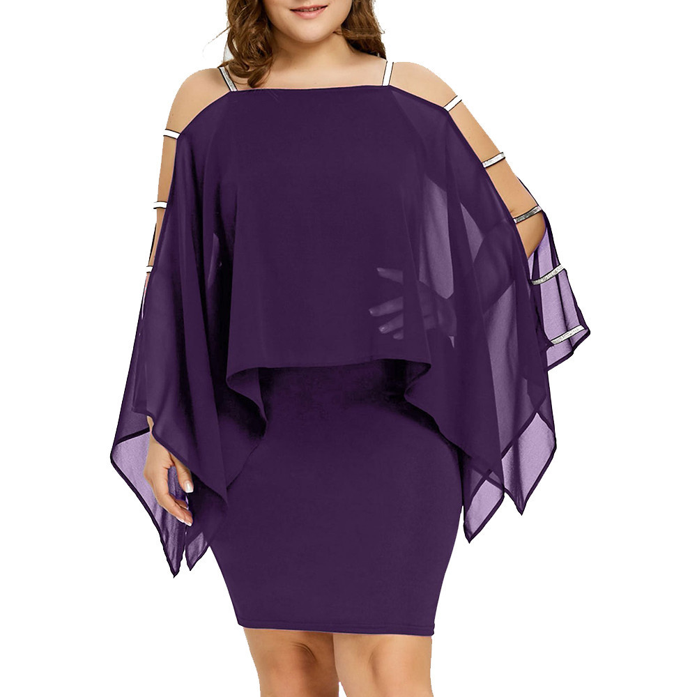2022 Amazon AliExpress Hot Sale Plus Size Solid Color Off-shoulder Irregular Chiffon Dress