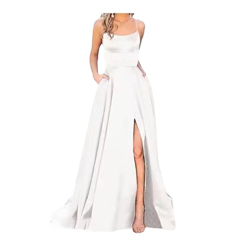 2024 European and American cross-border new party bridesmaid dress solid color off-the-shoulder long dress small trailing banquet evening dress