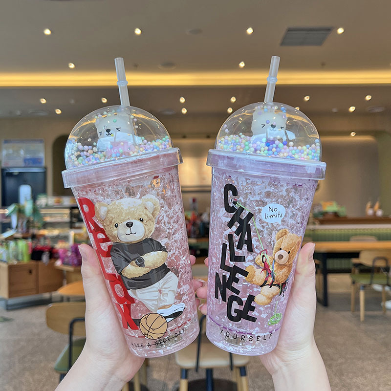Cross-border new high-looking teddy bear cartoon plastic water cup straw Cup double-layer Cup sequins ice Cup