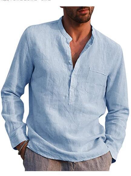 2024 AliExpress wish Amazon Hot Selling Men's Long Sleeve V-Neck Casual Beach Linen Shirt Men's Wear