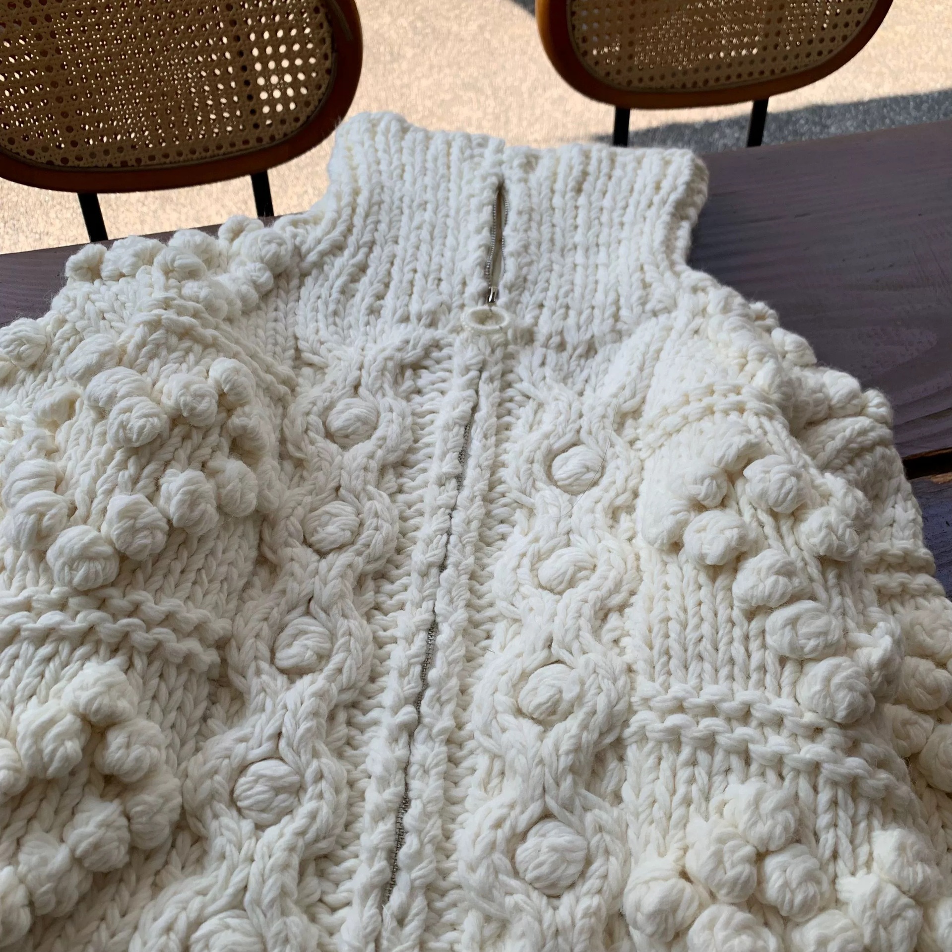 Autumn and Winter Design feeling lazy style loose thickened all-match turtleneck white handmade ball sweater coat knitted cardigan_voghion.com