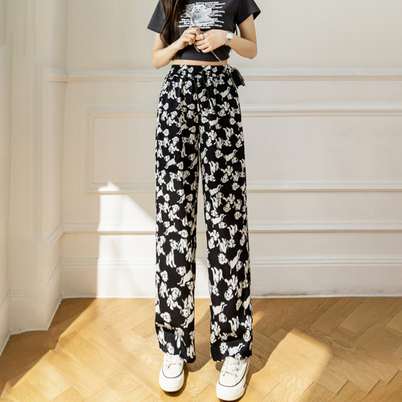 Ink Painting Wide-leg Pants Women's 2025 Summer New High Waist Dosing Loose Chessboard Ice Silk Pants Straight Casual Pants