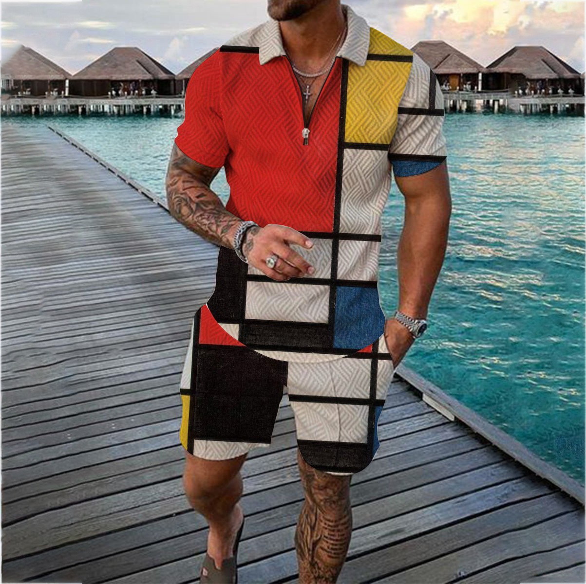 Cross-border Summer Men's 3D Printed Zipper Short-sleeved POLO Shirt Large Size Casual European and American Set Lapel Men's Shorts